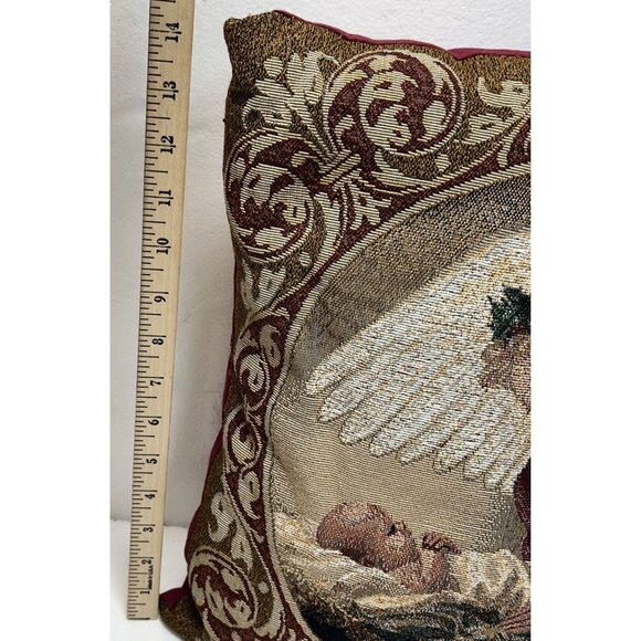 Decorative Vintage Christmas Tapestry‎ Pillow With Angel & Baby 16 x 16 burgundy - Picture 4 of 5